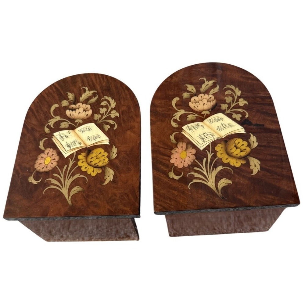 MCM Notturno Intarsio Sorrento ITALY Inlaid Wood Sheet Music Mahogany Bookends